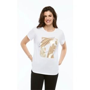 Orly Women's White Graphic T-shirt Size L Gold Graphic Abstract Tee NWT